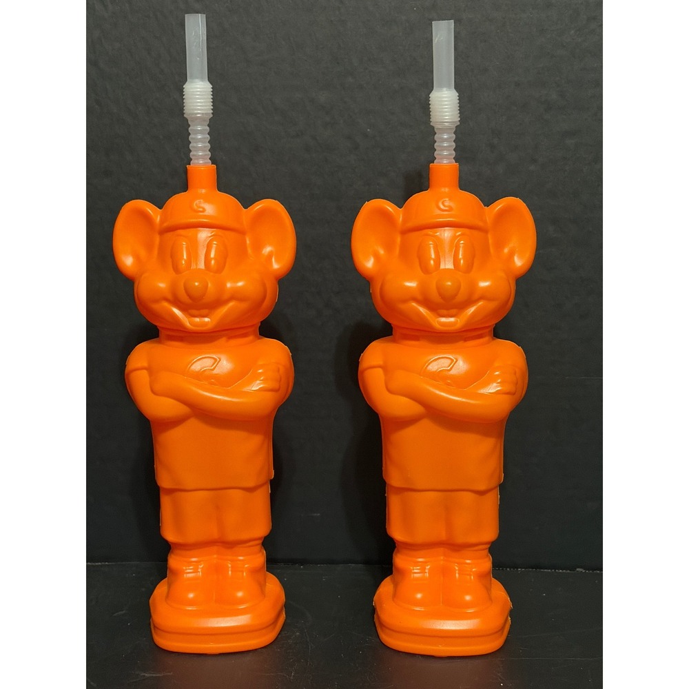 Chuck E Cheese Orange Character Sipper Cup Canteen Set of 2 with Straws Vintage